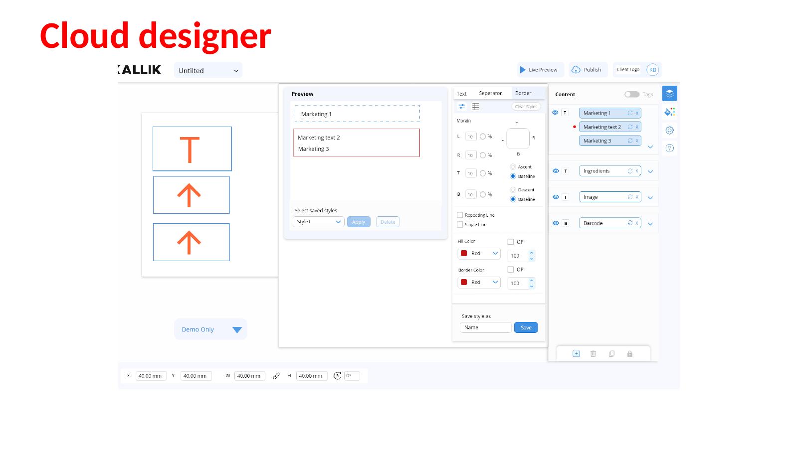 Cloud Designer label preview and publish controls